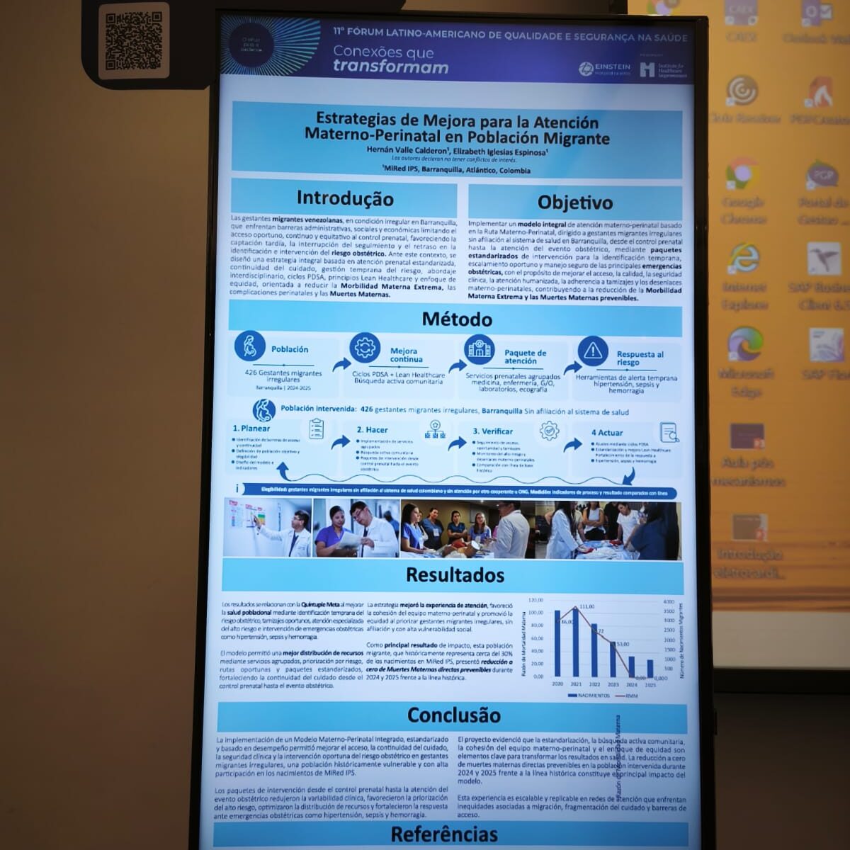 Póster científico de MiRed IPS sobre estrategias de mejora para la atención materno-perinatal en población migrante, ganador del primer lugar en el Fórum Latinoamericano de Calidad y Seguridad en Salud.
