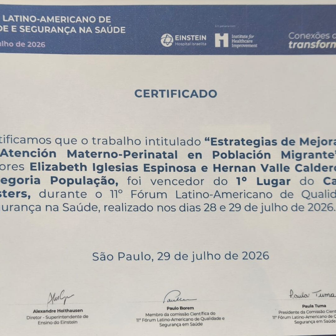 Certificado del primer lugar obtenido por MiRed IPS en el 11.º Fórum Latinoamericano de Calidad y Seguridad en Salud por un proyecto sobre atención materno-perinatal en población migrante.