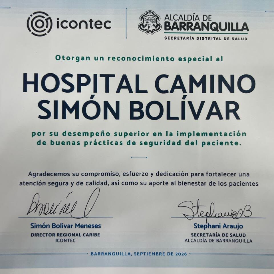 Reconocimiento al CAMINO Simón Bólivar por buenas prácticas de seguridad del paciente