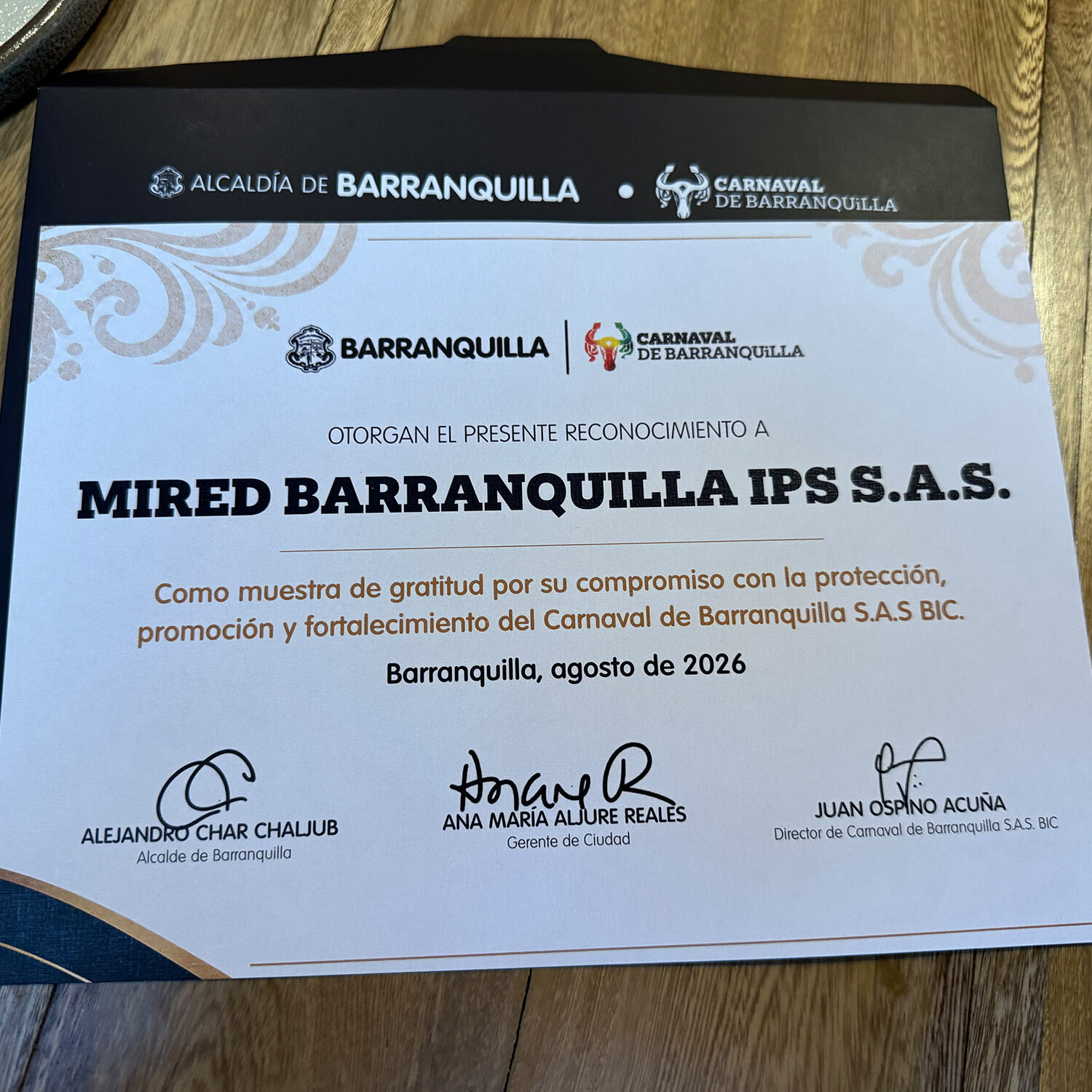 Reconocimiento de Carnaval de Barranquilla otorgado a MiRed IPS en 2026